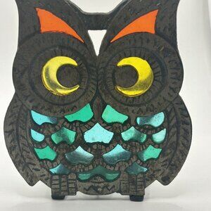 Vintage MCM OWL Stained Glass Cast Iron Napkin Holder 5.5" Retro Boho